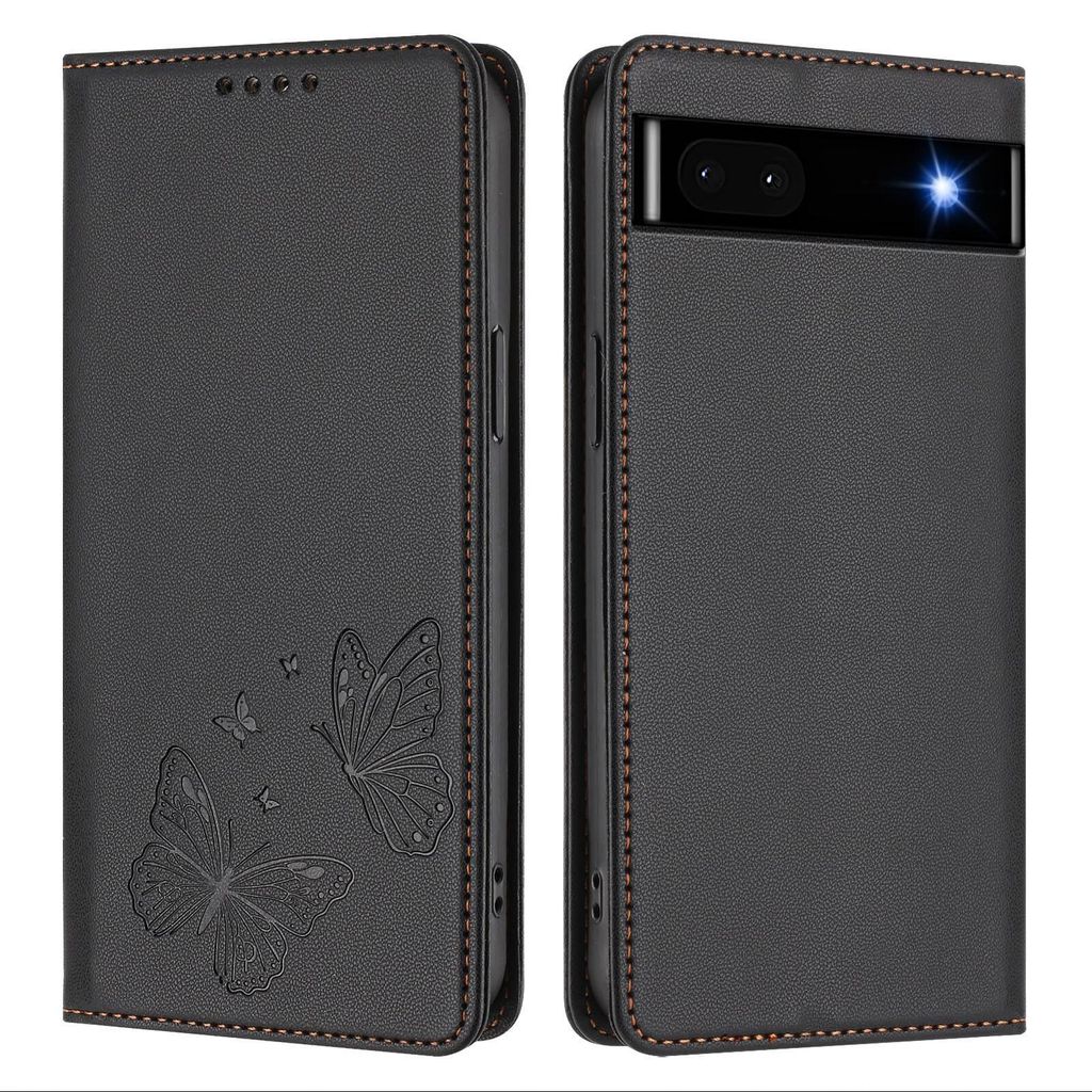 Lederhülle für Google Pixel 6A, Schmetterling Prägung Leder Brieftasche Schutzhülle mit Ständer Schwarz