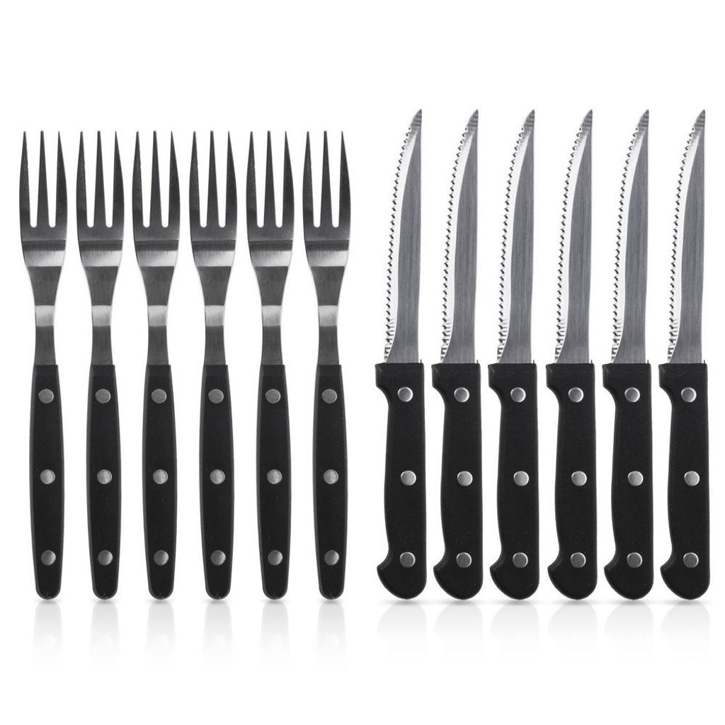 A set of steak knives and forks arranged neatly on a white background.