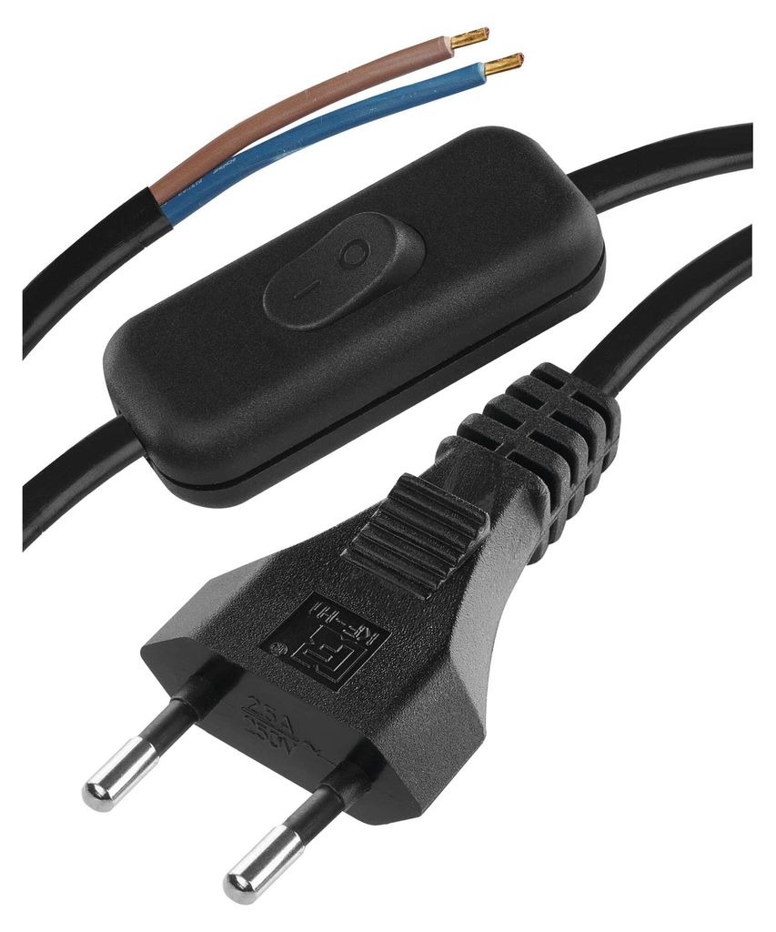 Flexo šňůra PVC 2x 0,75mm2 s vypínačem, 2m, černá