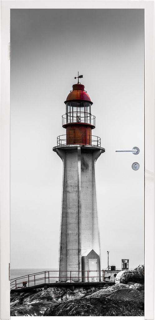 MuchoWow Türtapete Selbstklebende Türfolie Schwarz-Weiß-Foto eines Leuchtturms im Westen von Vancouver 85x215 cm Türposter Türaufkleber Kleb...