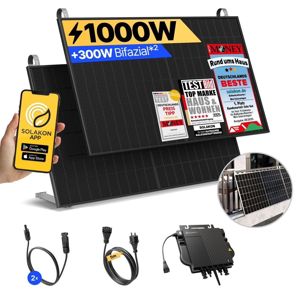 Balkonkraftwerk 1000W Solaranlage mit Balkon Halterung Steckerfertig Komplettset Photovoltaik Anlage 800W - onBasic, Kabellänge:5 m