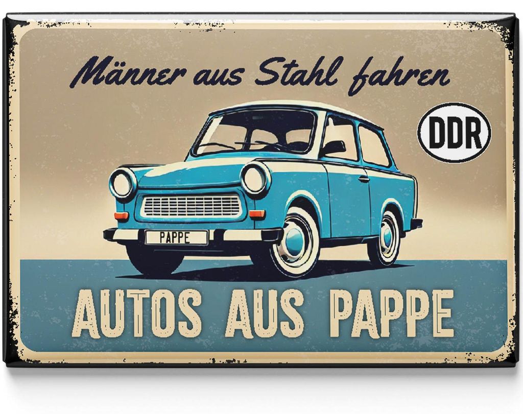 LANOLU Kühlschrankmagnete lustig- Trabant- Männer aus Stahl fahren Autos aus Pappe - lustige Magnete mit Sprüchen und witzigen Motiven 8x5,5cm