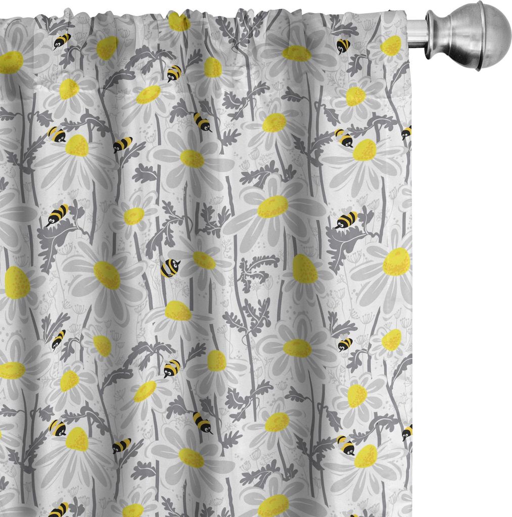 ABAKUHAUS Gelb Vorhänge, Gardinen, Muster mit Bienen und Kamille Daisy Flowers in blühenden Wiese Natur, 2 Stück 75 x 245 cm, Gelb Weiß Grau