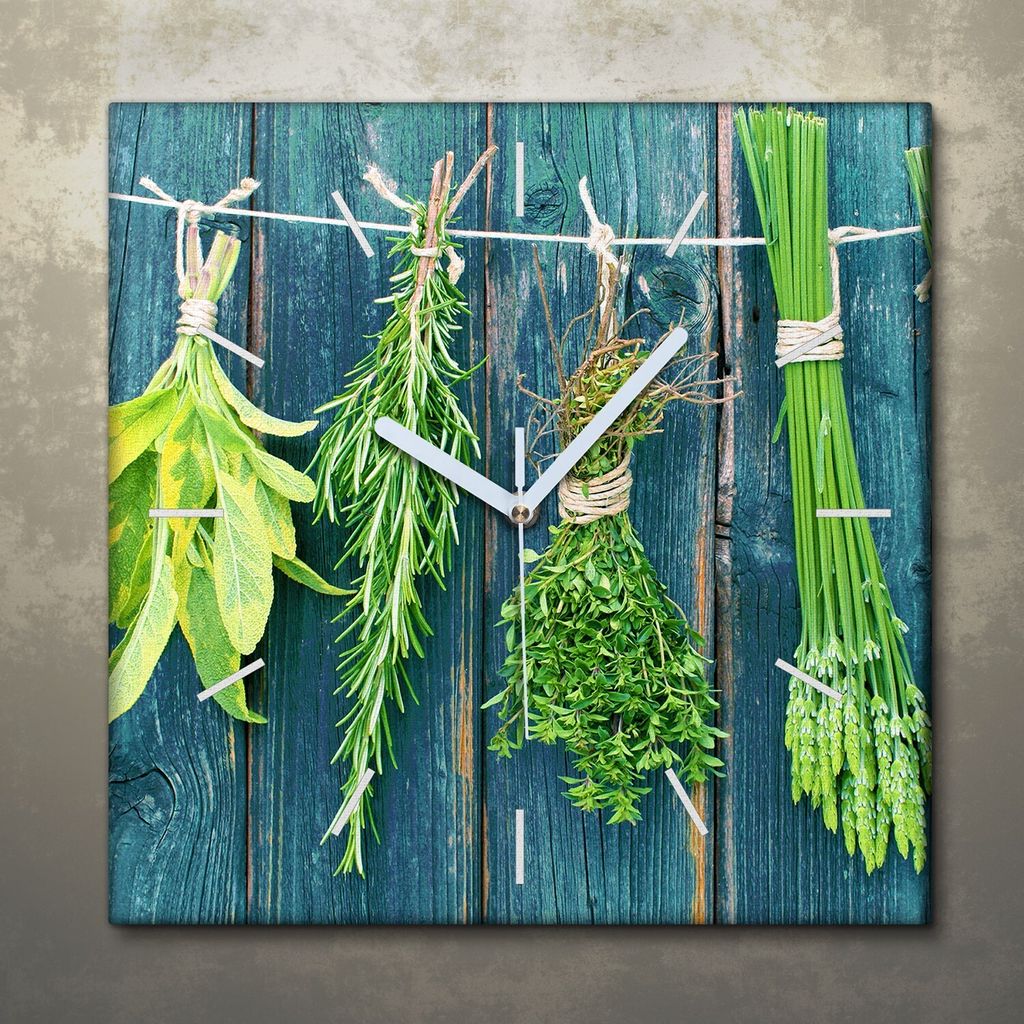 Wohnzimmer Leinwand Uhr Geräuschlos Küche 30x30 Hängende, Kräuter, Herbs, weiße Zeiger
