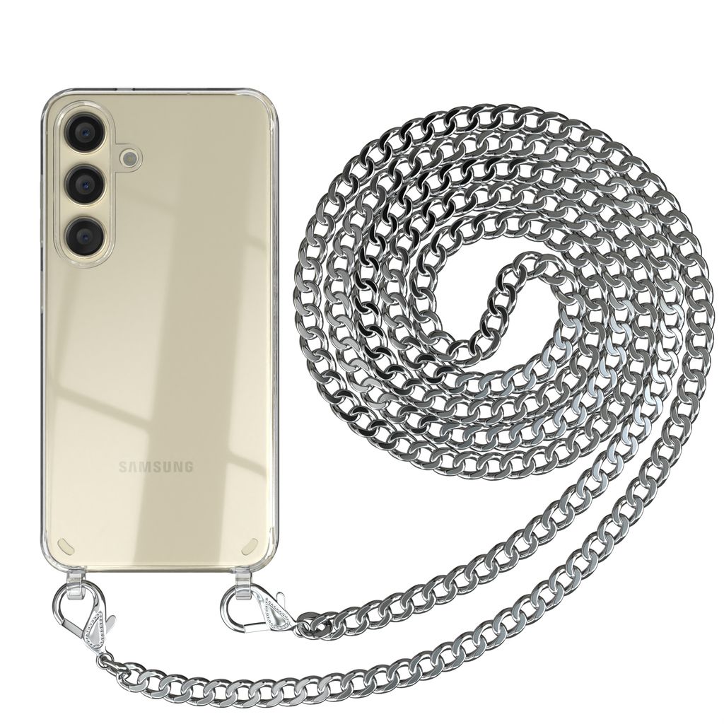 EAZY CASE Metall Handykette für Samsung Galaxy S24, Handyhülle mit Umhängeband, Silikonhülle, Metallkette für Smartphone in Silber