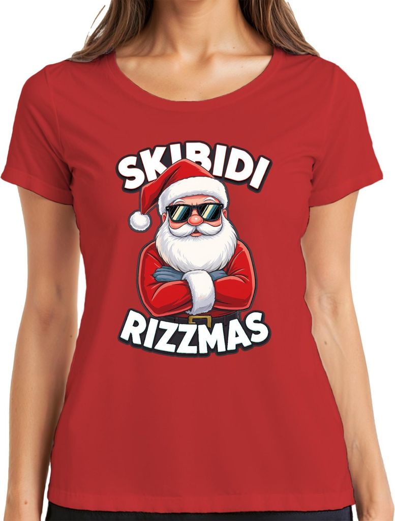 Skibidi Rizzmas Weihnachtsmann Sonnenbrille Lustig Meme Geschenk Damen T-Shirt, Rot, L