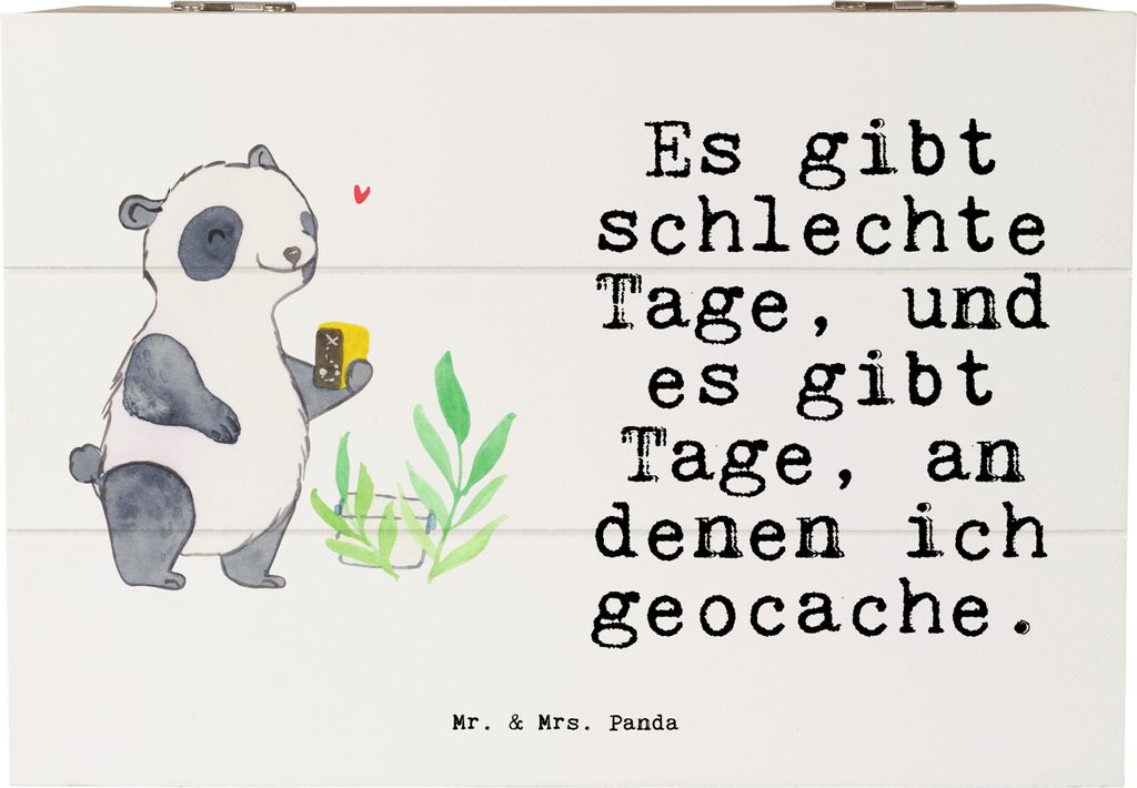 Mr. & Mrs. Panda Holztruhe Panda Geocaching 22 x 15 cm - Weiß - Geschenk, Schatzkiste, Schatzsuchen, Box, Geschenkbox, fotobox, GPS Schnitzeljagd,...