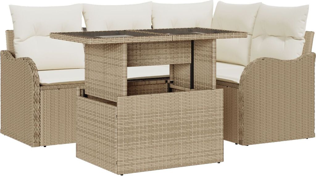 Möbel 5-teiliges Garten Sofa Set mit Kissen Beige Poly Rattan, 2-Sitzer Garten Sofa mit Stauraum & Kissen Beige Poly Rattan - Gartensofas 3357194