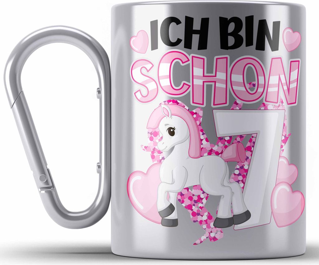 Trendation - 7. Geburtstag Mädchen Edelstahl Tasse Karabiner Pferde Reiterin 7er Geburtstag Tochter Geschenkidee Kindergeburtstag 7 Jahre Alt (Sil...