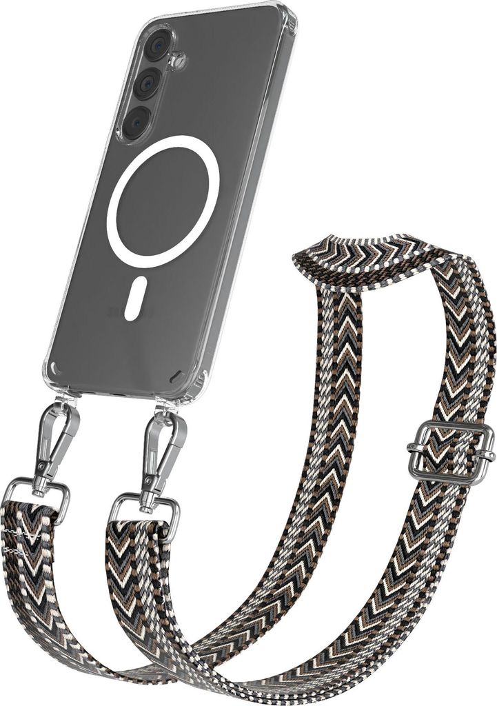EAZY CASE - Handykette mit MagSafe Hülle für Samsung Galaxy S24 Plus, Handyband ZigZag Style,Karabiner Silber, Umhängeband in Grau
