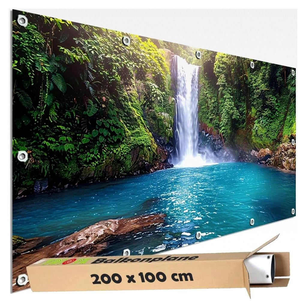 Sichtschutz Balkon Deko Plane Blickdicht mit Motiv Wasserfall Costa Rica Natur für Garten Terrasse Gartenzaun Balkonverkleidung PVC 200x100 cm