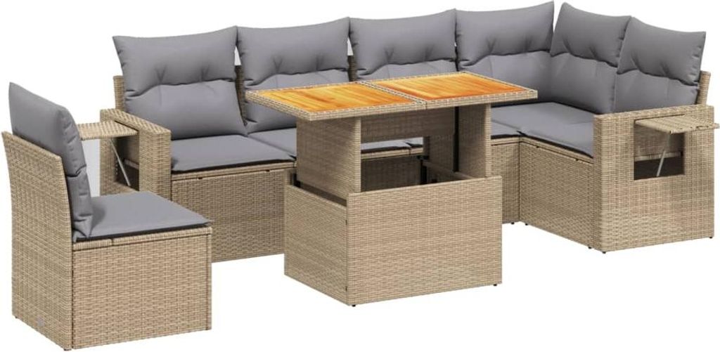 vidaXL 7-tlg. Garten-Sofagarnitur mit Kissen Beige Poly Rattan