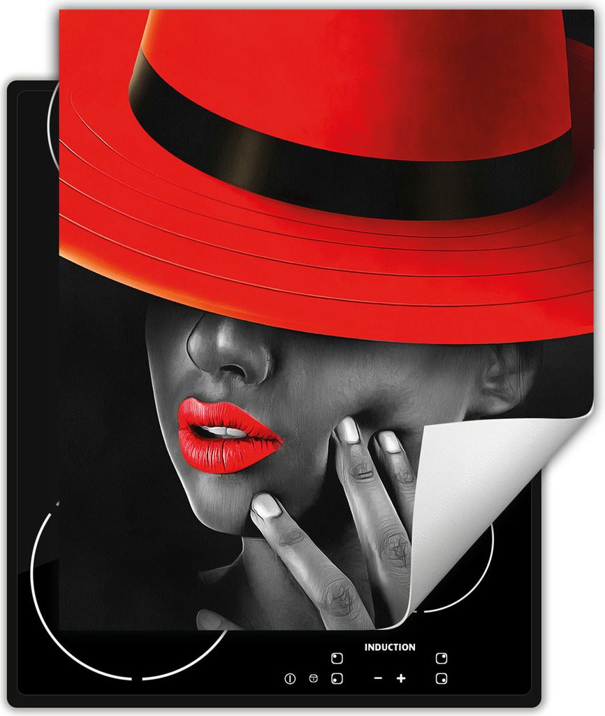DarHaus Herdabdeckplatte 45x52 cm Anti Rutsch Matte Aufrollbar, rot - schwarz - Frau