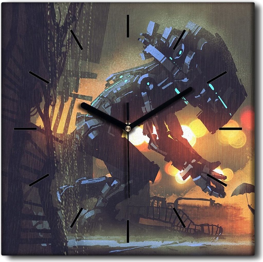 Coloray Uhr auf Leinwand 30x30 cm Wand Uhr Dekoration Wohnzimmer Segeltuch schwarze Hände -Kind Regenschirm Roboter