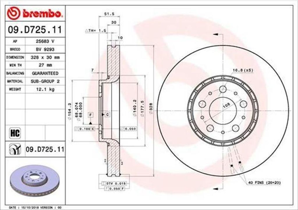 2x BREMBO Bremsscheibe 09.D725.11 für VOLVO XC90 I (275) 52mm 328mm