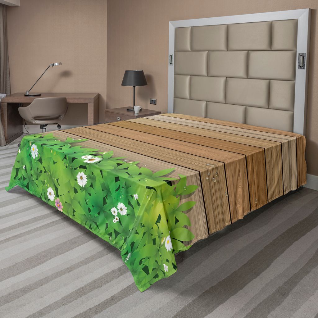 ABAKUHAUS Blume Bettlaken, Daisy Leafs und Wassertropfen Holz Zaun Frühling Natur Themen Computer Zeichnung, weiches bequemes oberes Bettlaken fü...