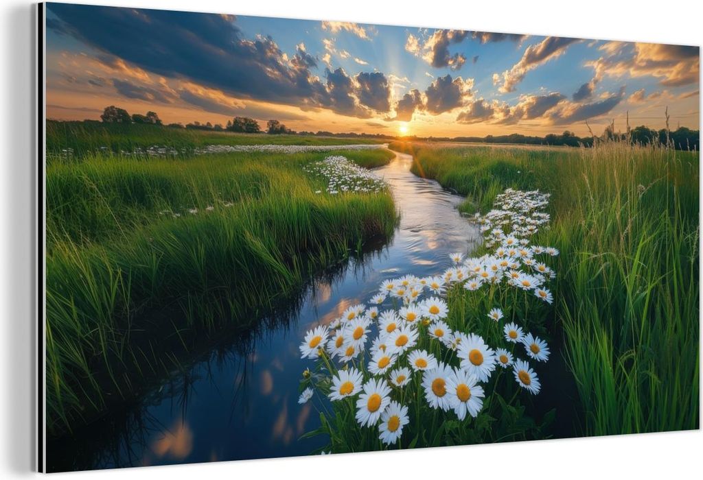MuchoWow Wanddekoration Metall Metallbild Wandkunst 120x60 cm Strom - Landschaft - Gänseblümchen MuchoWow Aluminium Gemälde - Metalbilder