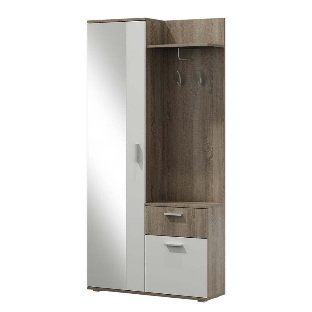 A modern wardrobe set with a tall cabinet, a section with hooks and a shelf, and two drawers.