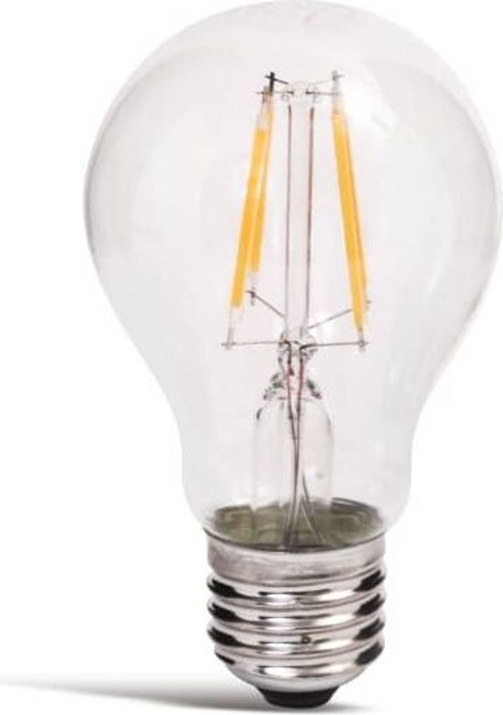 A clear studio shot of a single light bulb against a white background.