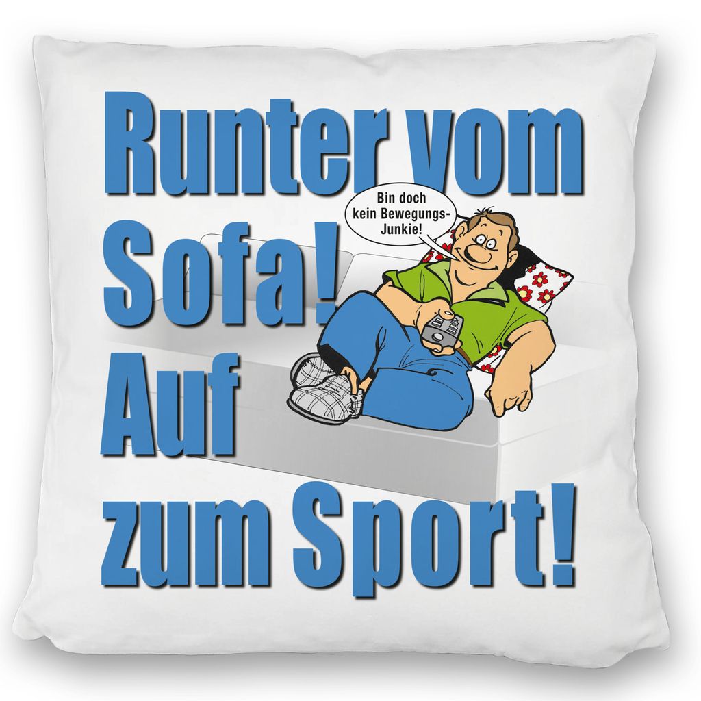 Auf zum Sport! Motivations Kissen satiniert mit Text in blau und Spruch