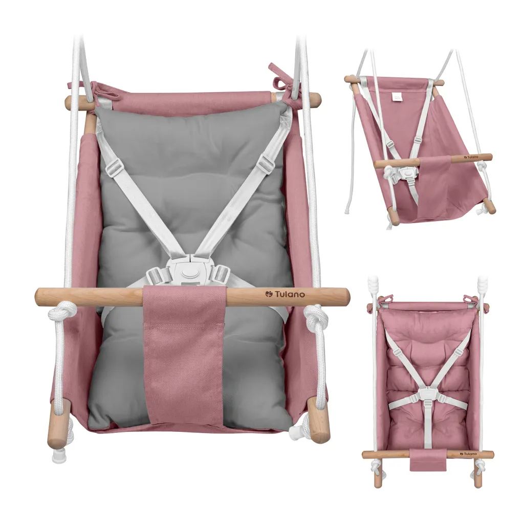 Tulano Hop 40 Altalena Neonato 3in1 in Legno | Fino a 60kg | Rosa-Grigio