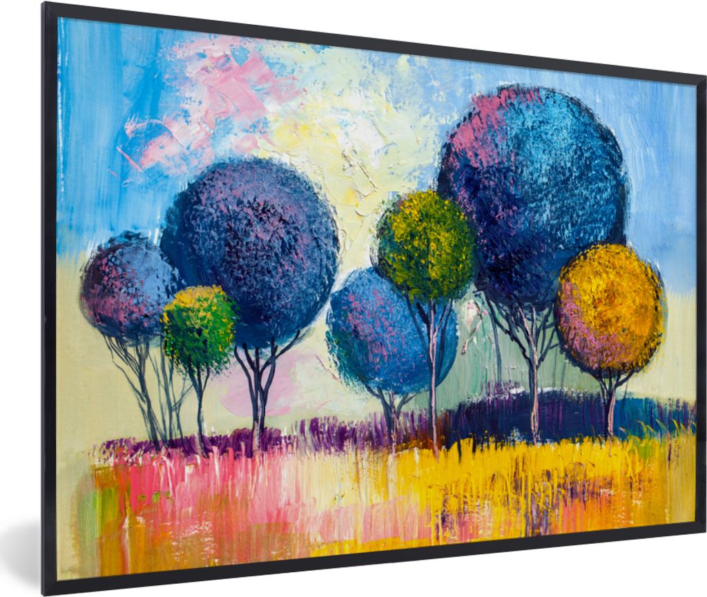 MuchoWow Gerahmtes Poster Gemälde - Ölfarbe - Baum - Natur 60x40 cm - Poster mit Schwarzem Bilderrahmen Wandposter Rahmen Foto Bilder - Printin...