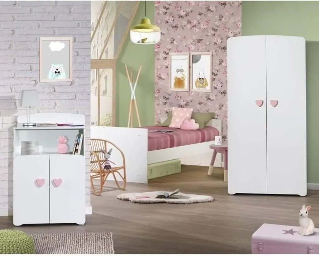 Lit Bébé Blanc 60x120 cm Modulable avec Détail Cœur Rose et Rangements - 2