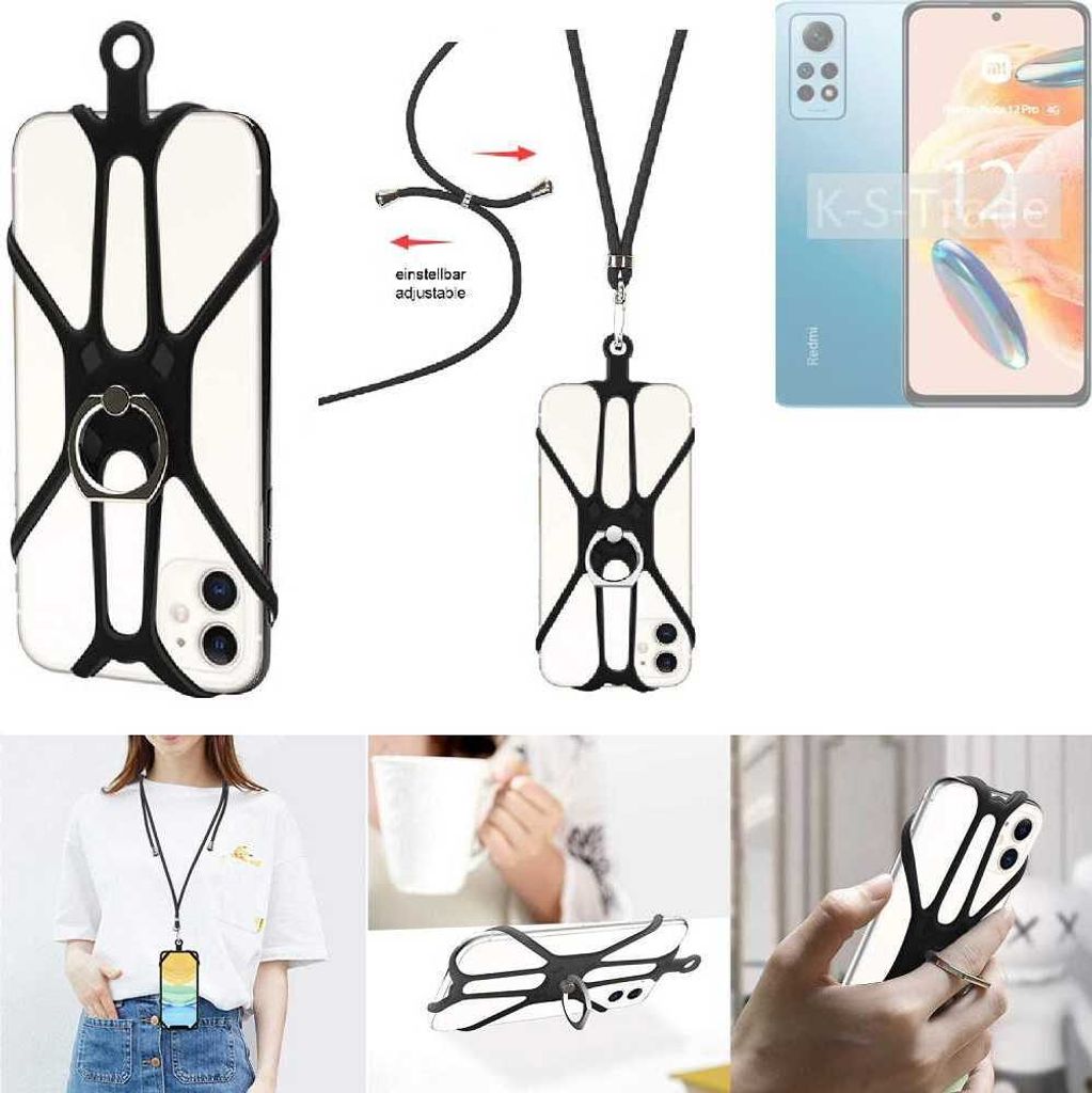 K-S-Trade 3in1 Handykette Handyband Handykordel Halsband Smartphone-Ring Handy-Ring kompatibel mit Xiaomi Redmi Note 12 Pro 4G Fingerhalterung