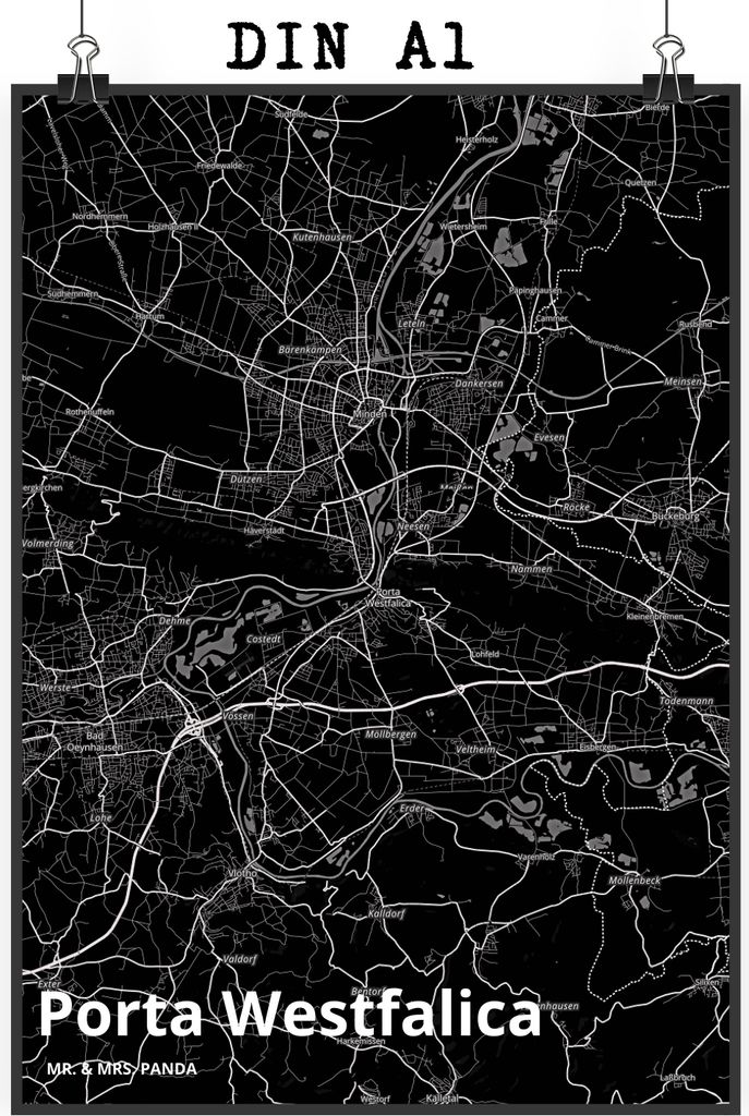 Mr. & Mrs. Panda Bild Porta Westfalica DIN A1 - Geschenk, Wandbild, Stadt, Wanddekoration, wanddeko, drucke, Plakat, Dorf Karte Landkarte Map Stadt...