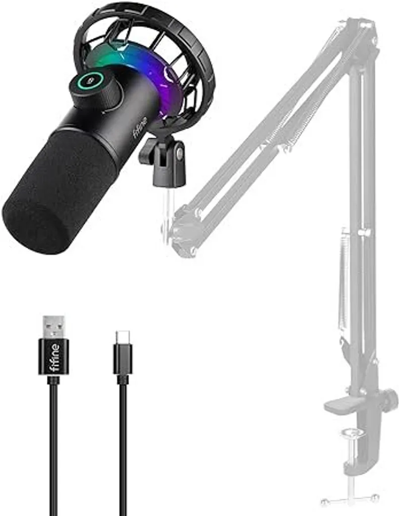 Microfono FIFINE PC USB C, microfono da gioco PS4 PS5 MAC, microfono dinamico con RGB, 16BIT/48KHZ e connettore per cuffie da 3,5 mm, plug-and-play cardioide