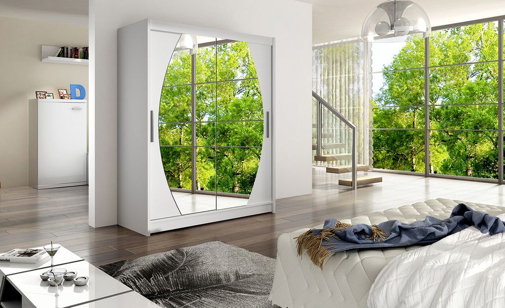 Geräumiger Kleiderschrank mit Spiegel Olaf – Breite 150 cm, weiß