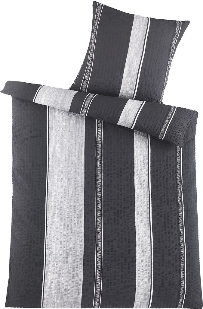 Seersucker Bettwäsche 135x200 +80x80cm, schwarz silber, gestreift, bügelfrei