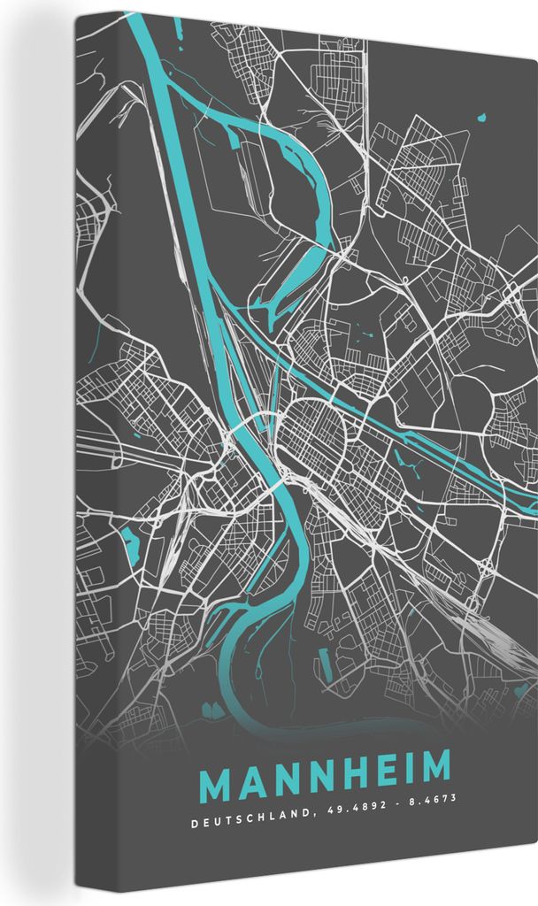 MuchoWow - Leinwandbilder - Deutschland - Blau - Mannheim - Stadtplan - Karte, Wandbild, Wanddeko Bilder Wohnzimmer, 40x60 cm