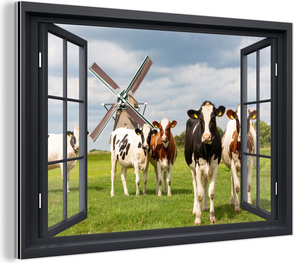MuchoWow Wanddekoration Metall Metallbild Wandkunst 90x60 cm Aussicht - Kuh - Mühle - Kühe - Wiese - Gras - Grün MuchoWow Aluminium Gemälde - W...