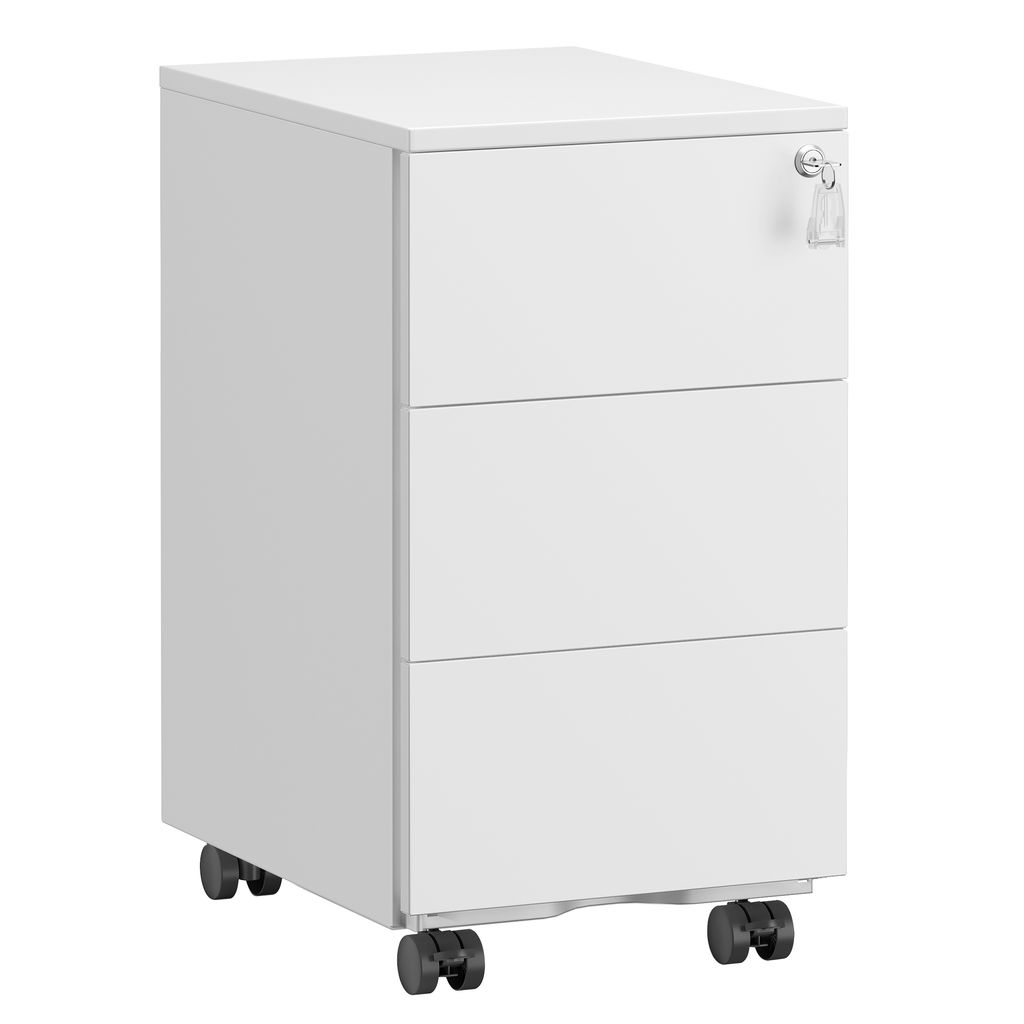 A white, three-drawer filing cabinet on wheels, with a key in the top drawer lock.