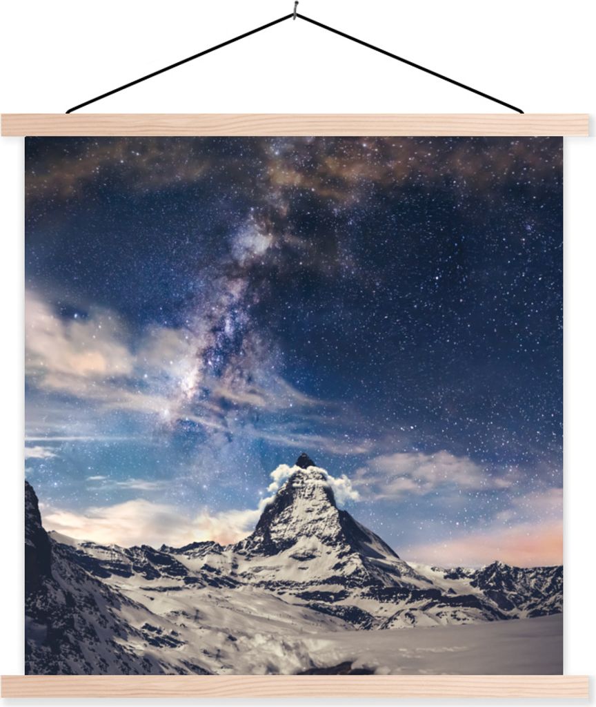 MuchoWow Textilposter Berge - Sterne - Universum - Jungen - Mädchen - Kinder 40x40 cm mit holzfarbenen Rahmen - Posterleiste