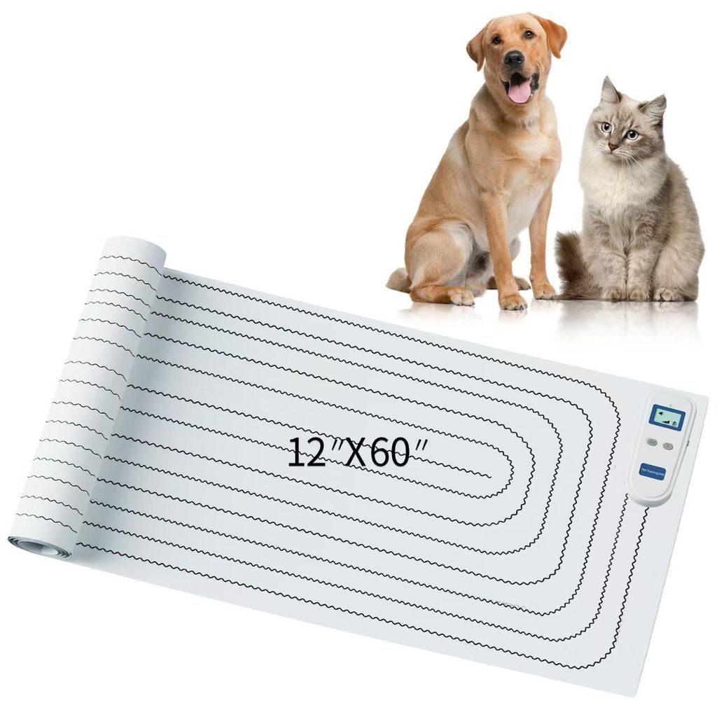 A rolled-up training mat for pets is shown in the foreground, with a dog and a cat sitting behind it.