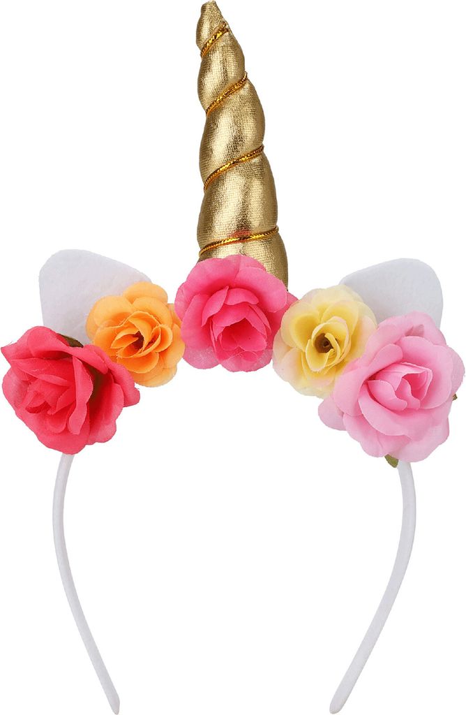 Einhorn Haarreif mit Blumen und Ohren 22x15cm 1 Stück - Weiß Gold Rosa