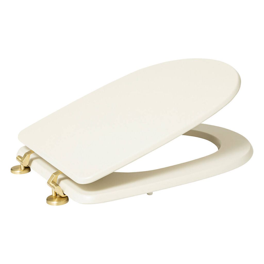 A toilet seat and lid, shown open and angled.