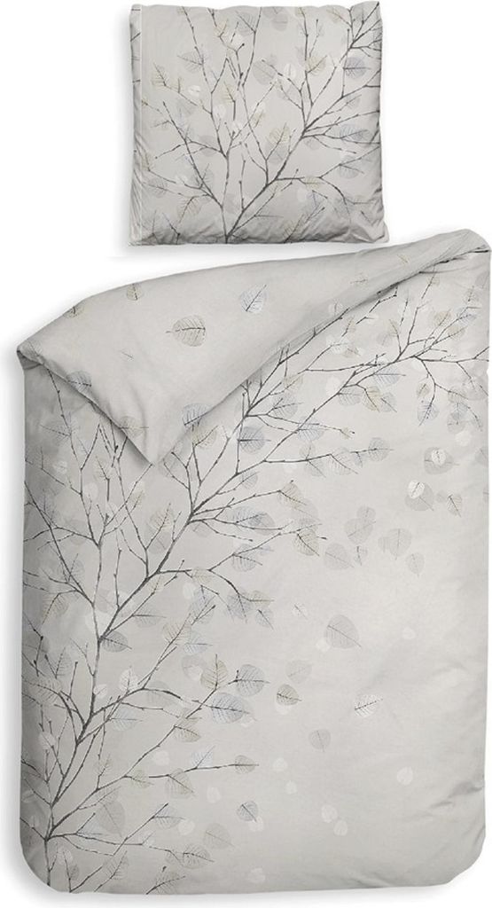 Heckett & Lane Satin Bettwäsche 135x200 Xia Light Grey Zweige Blätter Äste silber