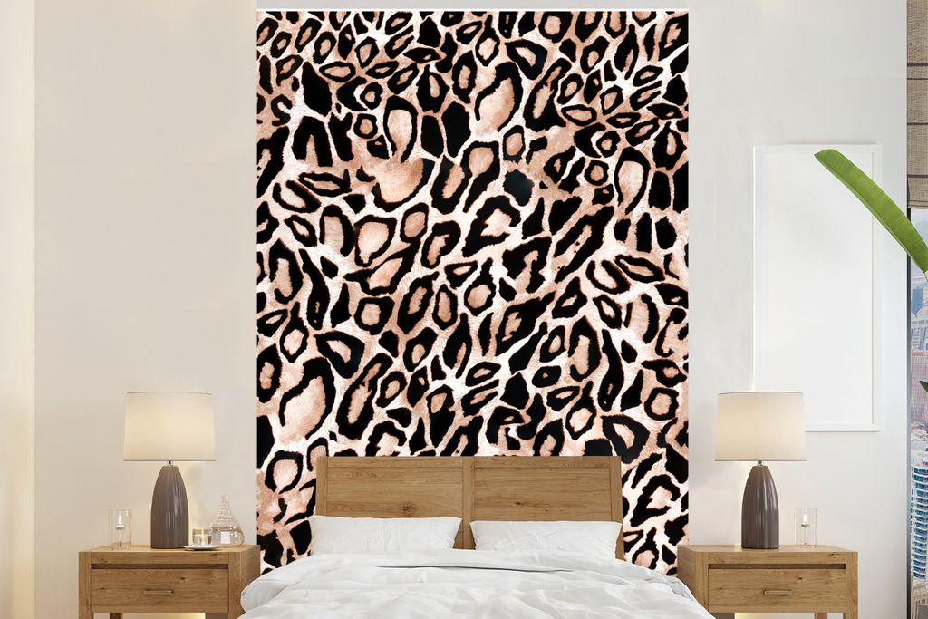 MuchoWow Fototapete für Wohnzimmer oder Schlafzimmer Wandtapete Vinyl Motivtapete Pantherdruck - Flecken - Braun - Schwarz - 195x300 cm - Das Hi...