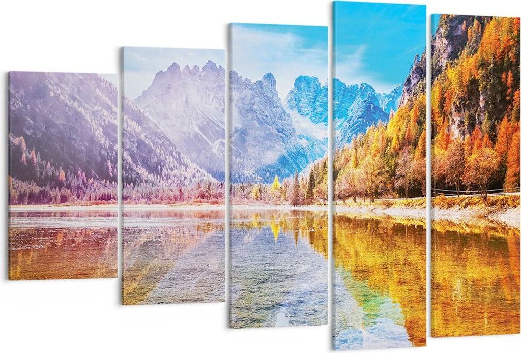 Bild auf Leinwand - Leinwandbild - 5 Teile - Herbst Landschaft Berge - 150x100cm - Wand Bild - Wanddeko - Wandbilder - Leinwanddruck - Bilder - Wan...