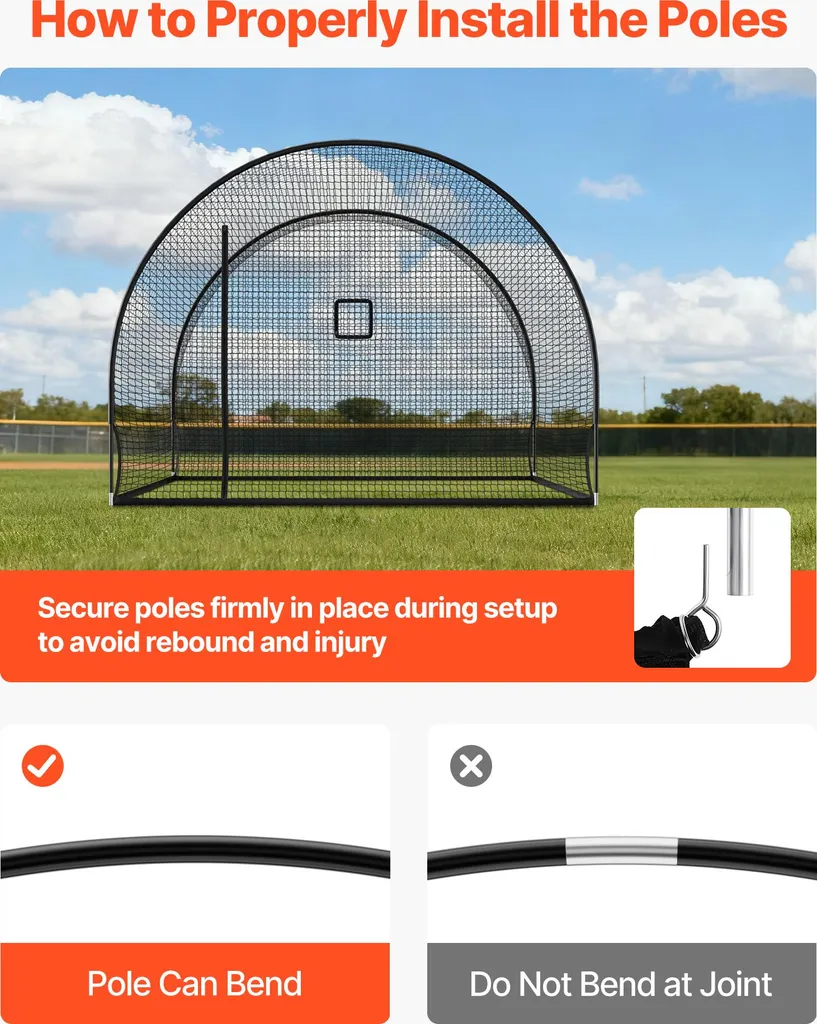 SucceBuy Gabbia da baseball (semicircolare) Rete 366x310x233 cm, rete da allenamento mobile con tessuto in poliestere resistente e senza nodi e apertura per macchine lanciapalle, inclusa rete da allenamento per softball - 5
