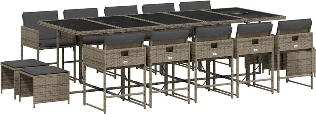 vidaXL 15-tlg. Garten-Essgruppe mit Kissen Grau Poly Rattan