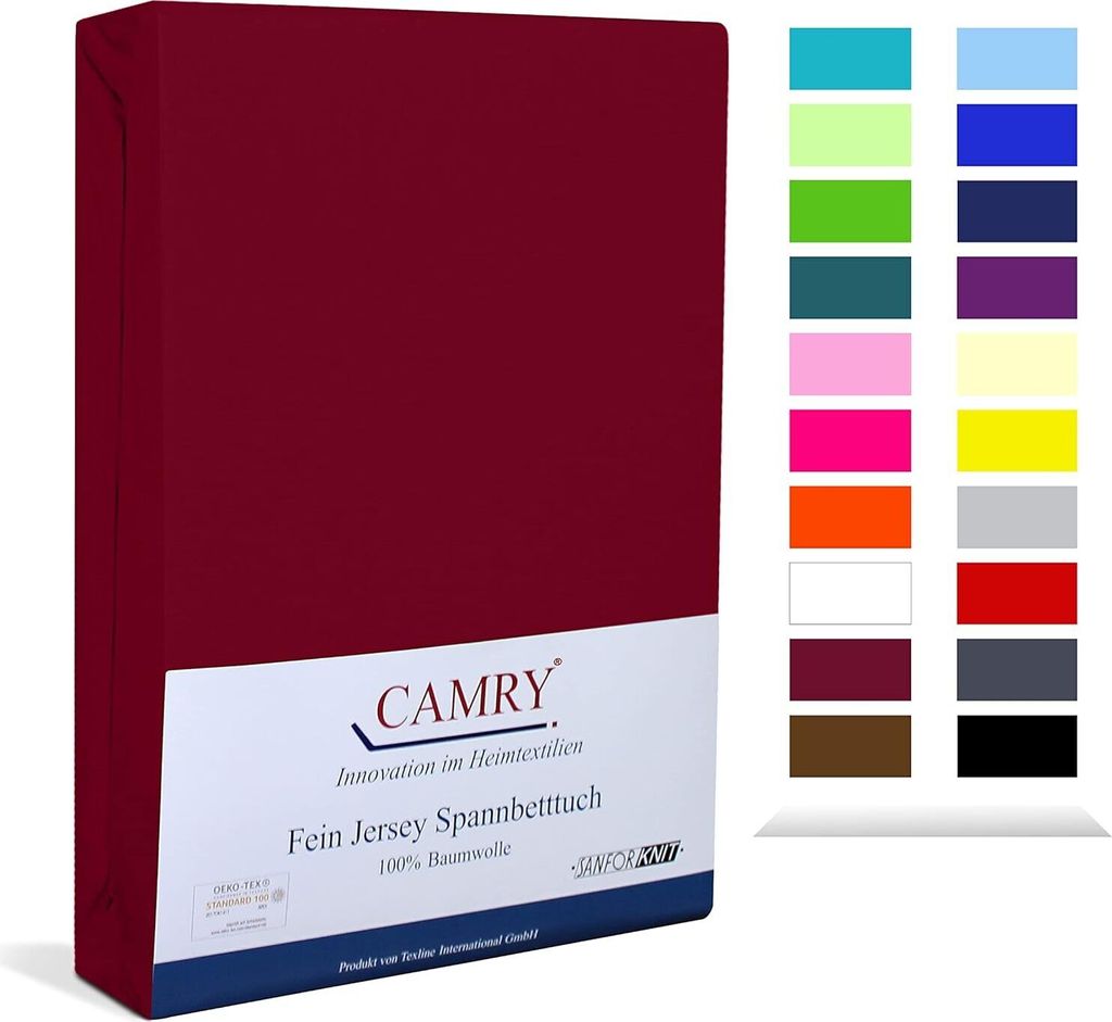 A product shot of a burgundy fitted sheet box, with a color swatch chart on the right.