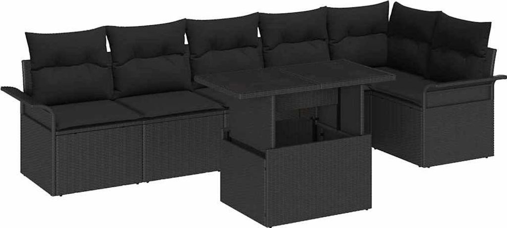 Garten-Sofa-Set mit Kissen 7 pcs Schwarz Poly Rattan