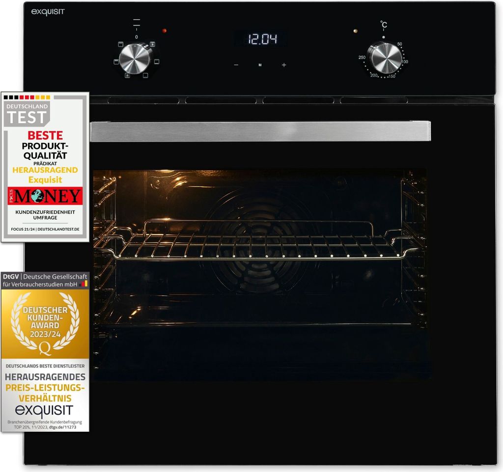 A black built-in oven with awards and certifications displayed on the left.