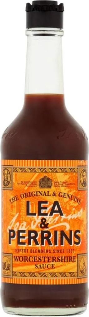 A bottle of Lea & Perrins Worcestershire Sauce.