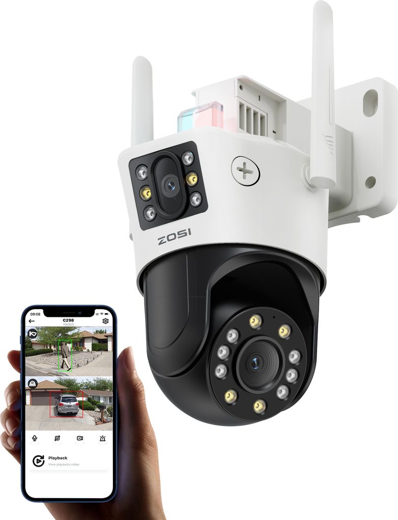 A ZOSI security camera is shown mounted on a wall, with a smartphone displaying its live feed held in a person's hand.