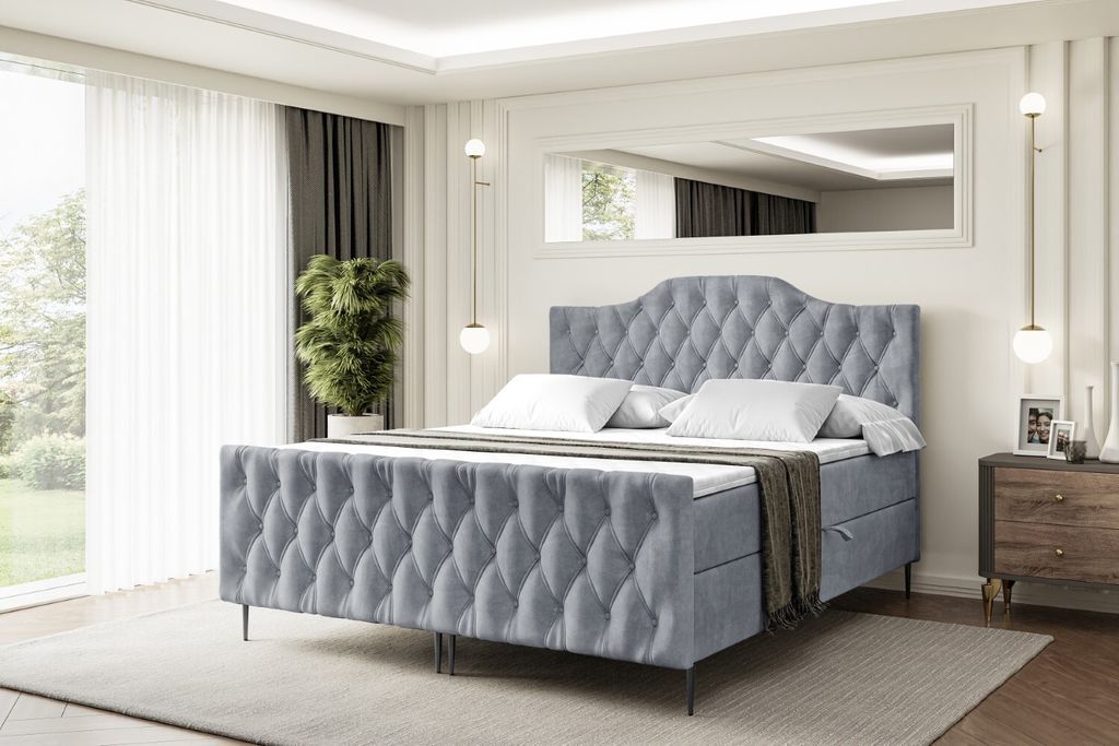 ALTDECOR Boxspringbett mit Schwarz Füßen, Matratze und Lattenrost, Topper, Fußteil, Polsterbett mit Bettkasten, Bett mit Stauraum H3-Matratze, D...